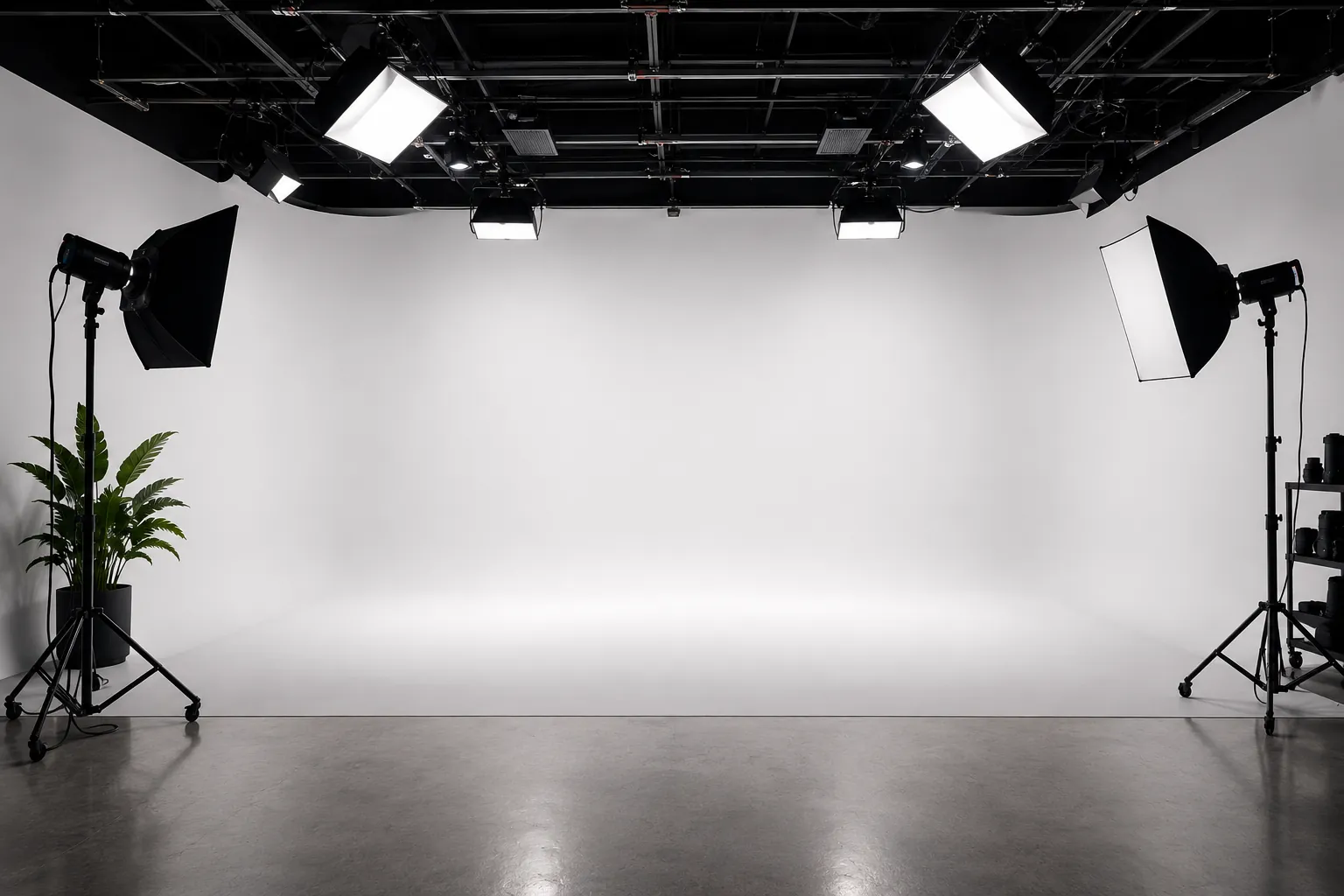 The seamless white cyclorama wall at Reel Deal Studios, lit with softboxes and an overhead lighting grid