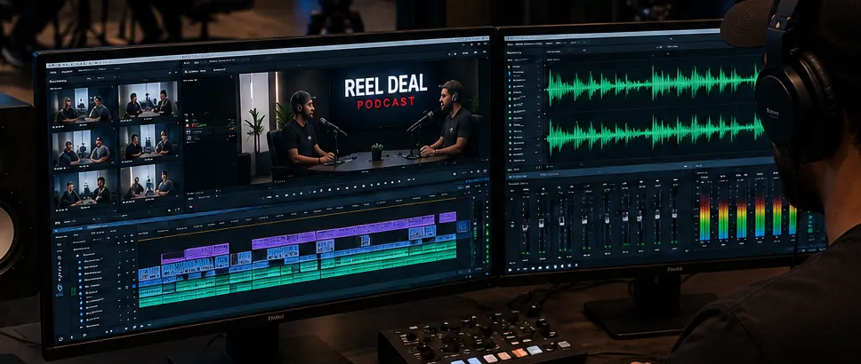 Multi-camera timeline and audio waveforms being cut live during a Reel Deal Studios podcast recording