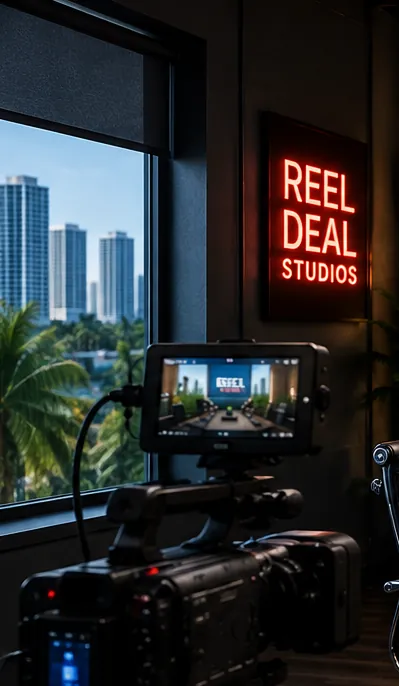 The Miami skyline seen from the Reel Deal Studios production floor, with a cinema camera in the foreground
