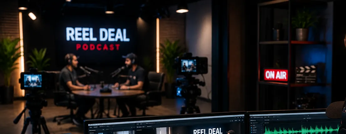 A podcast recording in progress under the ON AIR light at Reel Deal Studios in Miami
