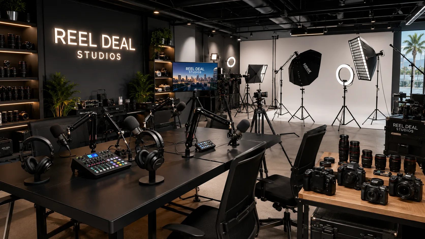The Reel Deal Studios production floor in Miami — podcast table, white cyclorama, lighting grid and camera wall in one room